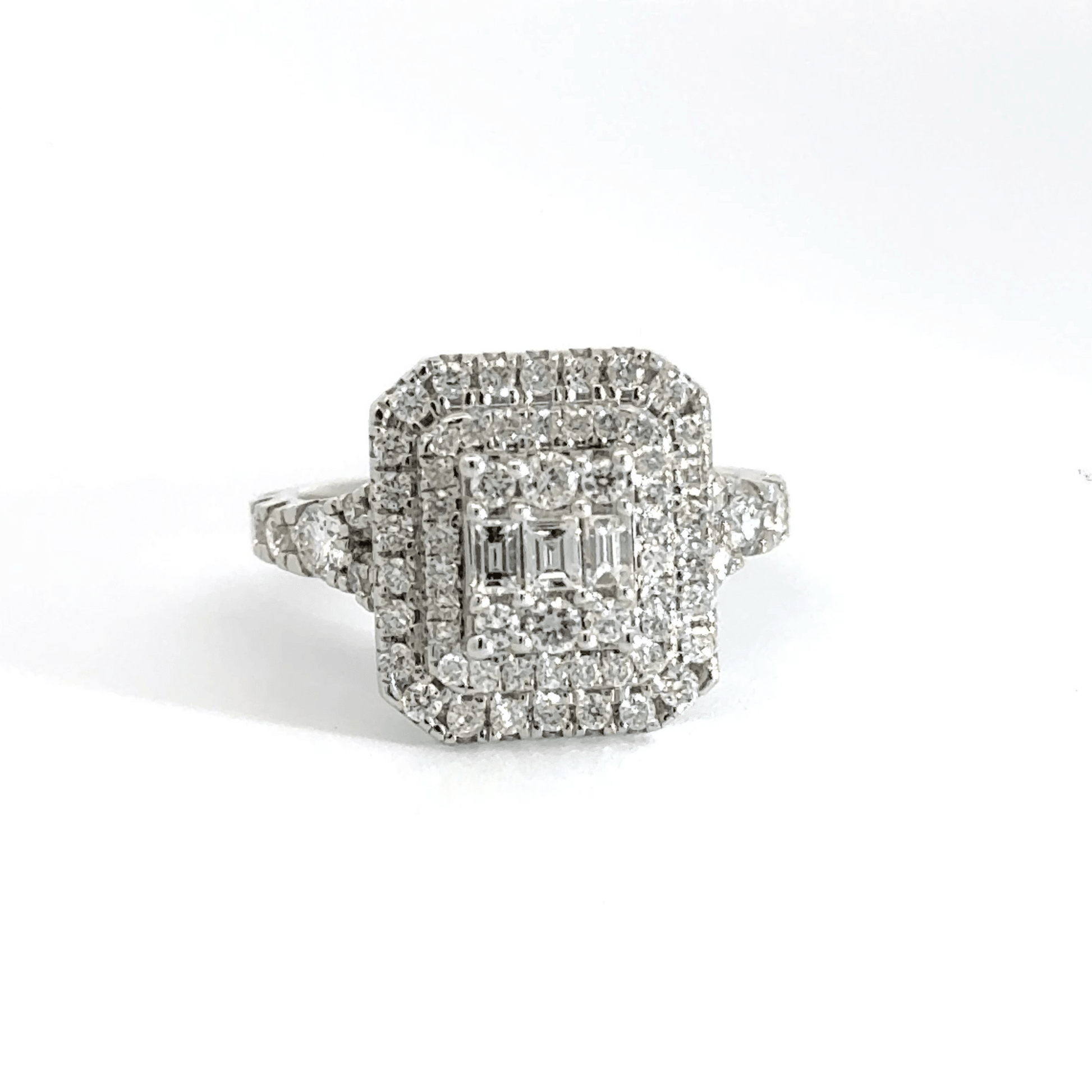 9CT White Gold Rectangle Halo Baguette Round Cut Diamond Ring Aces Jewellers