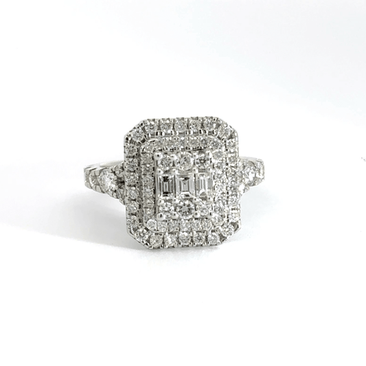9CT White Gold Rectangle Halo Baguette Round Cut Diamond Ring Aces Jewellers