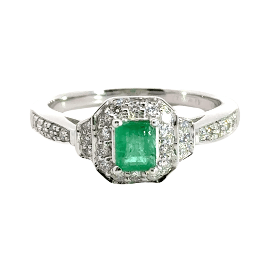 18CT White Gold Emerald Centre Stone Diamond Ring Aces Jewellers