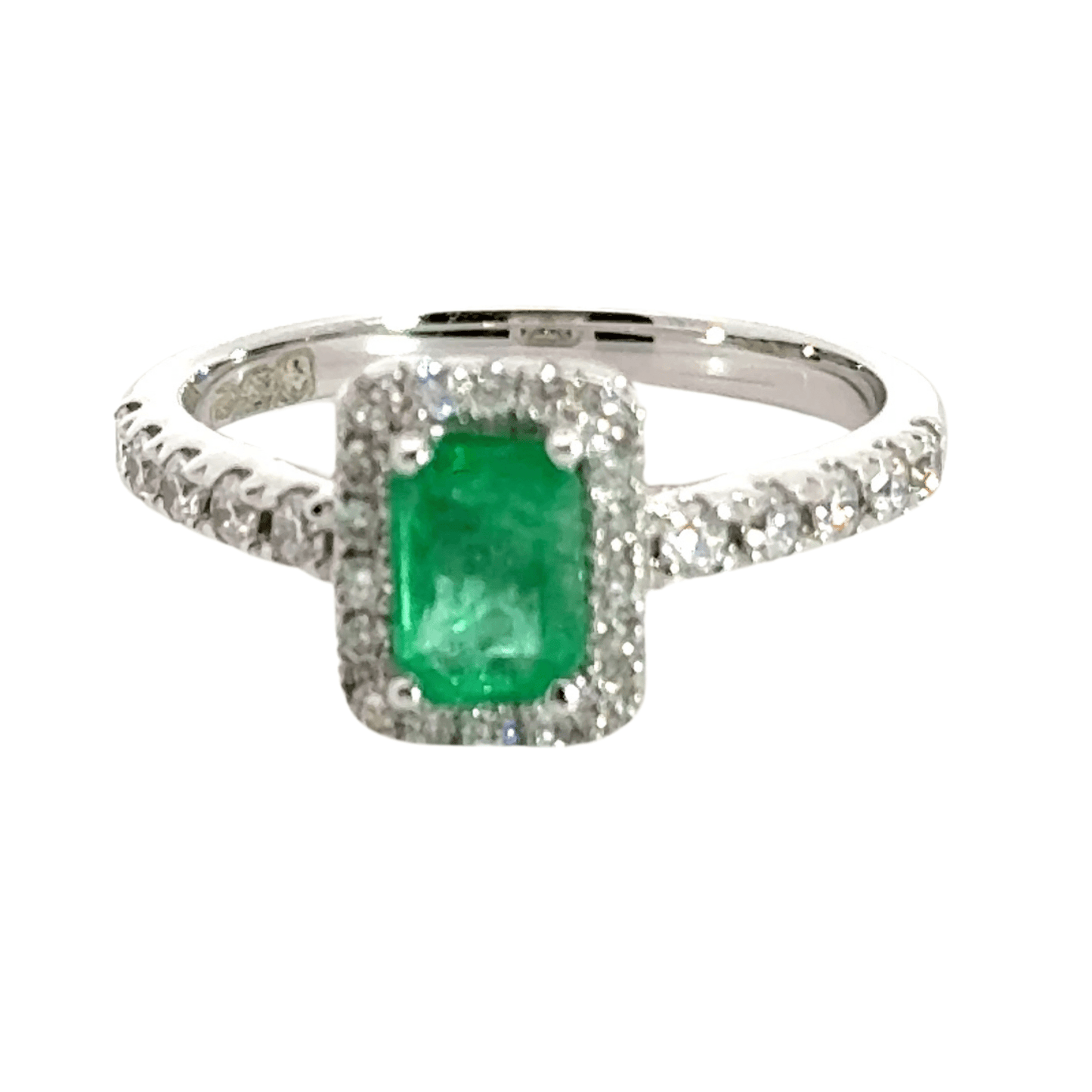 18CT White Gold Emerald Halo Diamond Ring Aces Jewellers