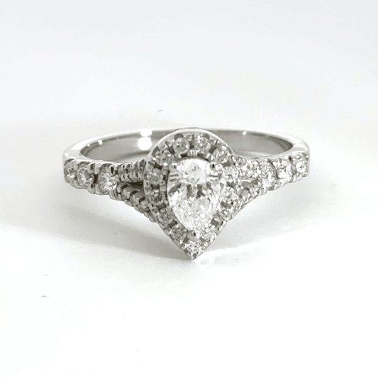 Platinum Diamond Teardrop Split Shoulder Halo Ring Aces Jewellers