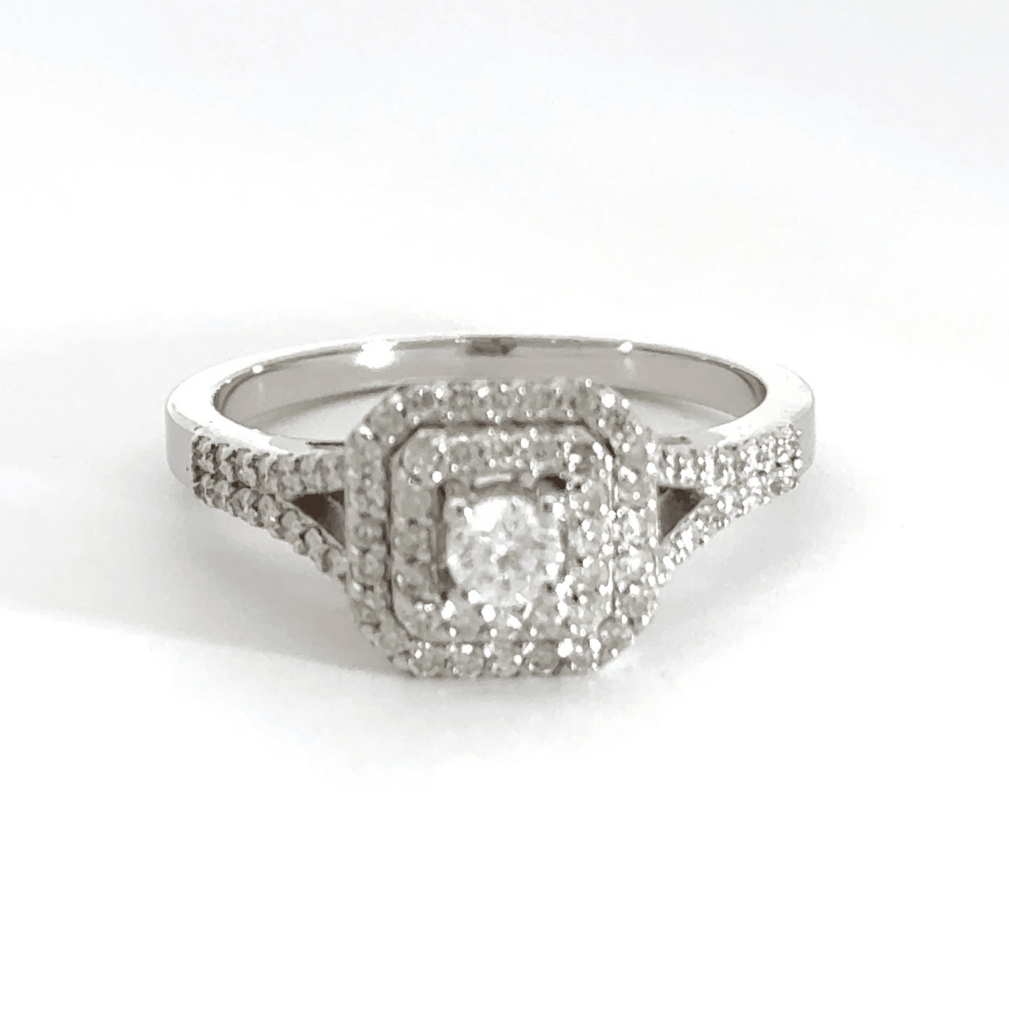18CT White Gold Square Halo Split Shoulder Diamond Ring Aces Jewellers