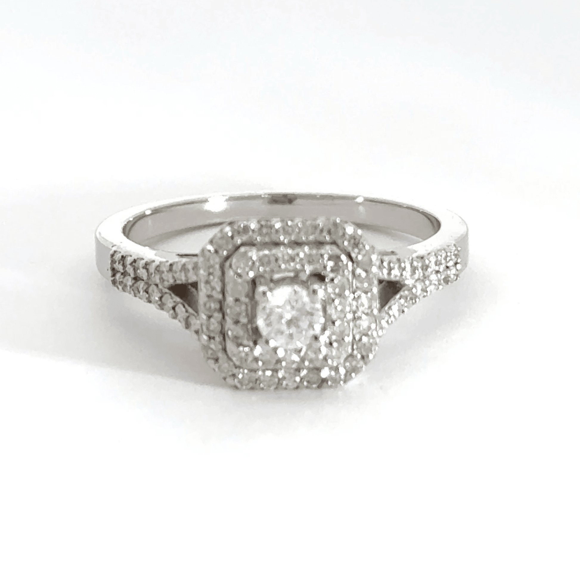 18CT White Gold Square Halo Split Shoulder Diamond Ring Aces Jewellers