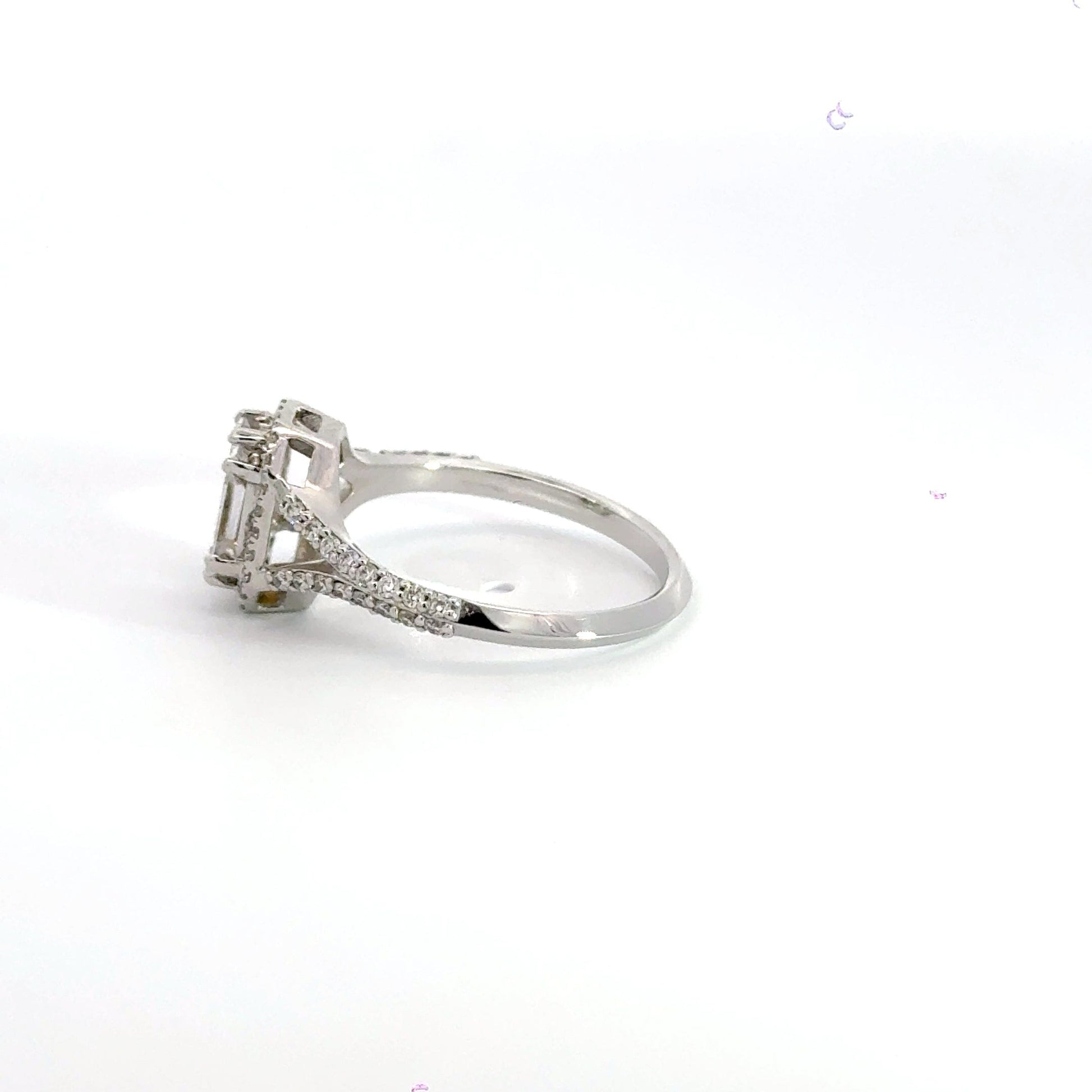 18CT White Gold Baguette Halo Brilliant Round Cut Diamond Shoulder Ring Aces Jewellers