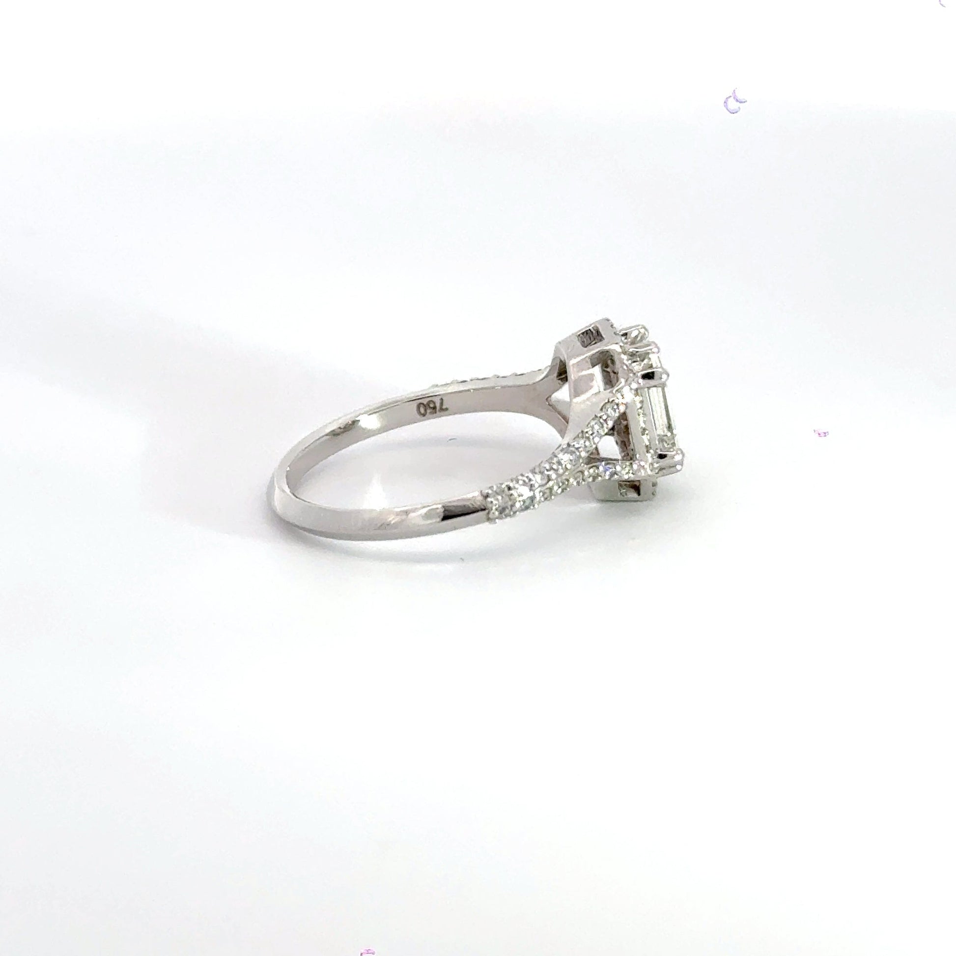 18CT White Gold Baguette Halo Brilliant Round Cut Diamond Shoulder Ring Aces Jewellers