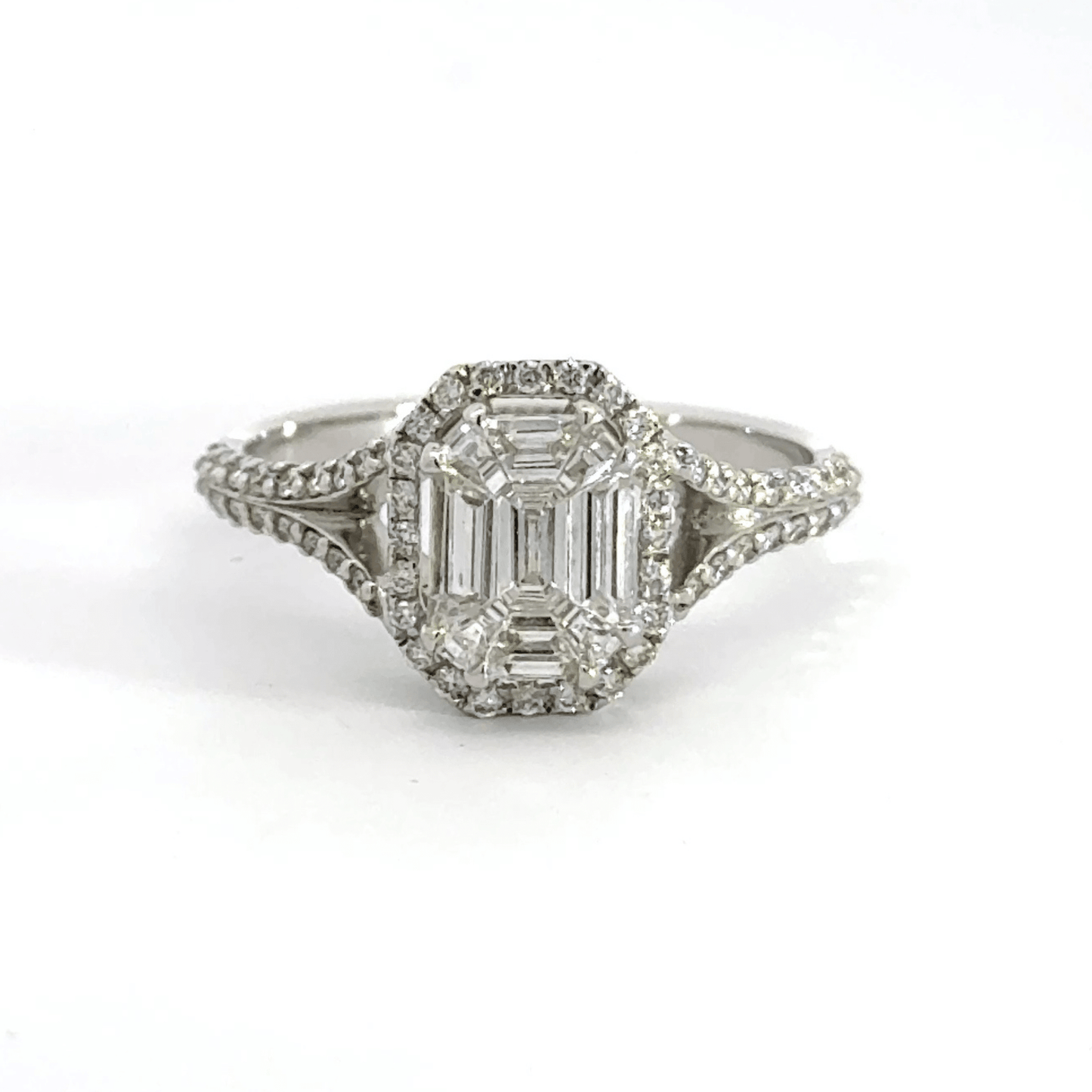 18CT White Gold Baguette Halo Brilliant Round Cut Diamond Shoulder Ring Aces Jewellers