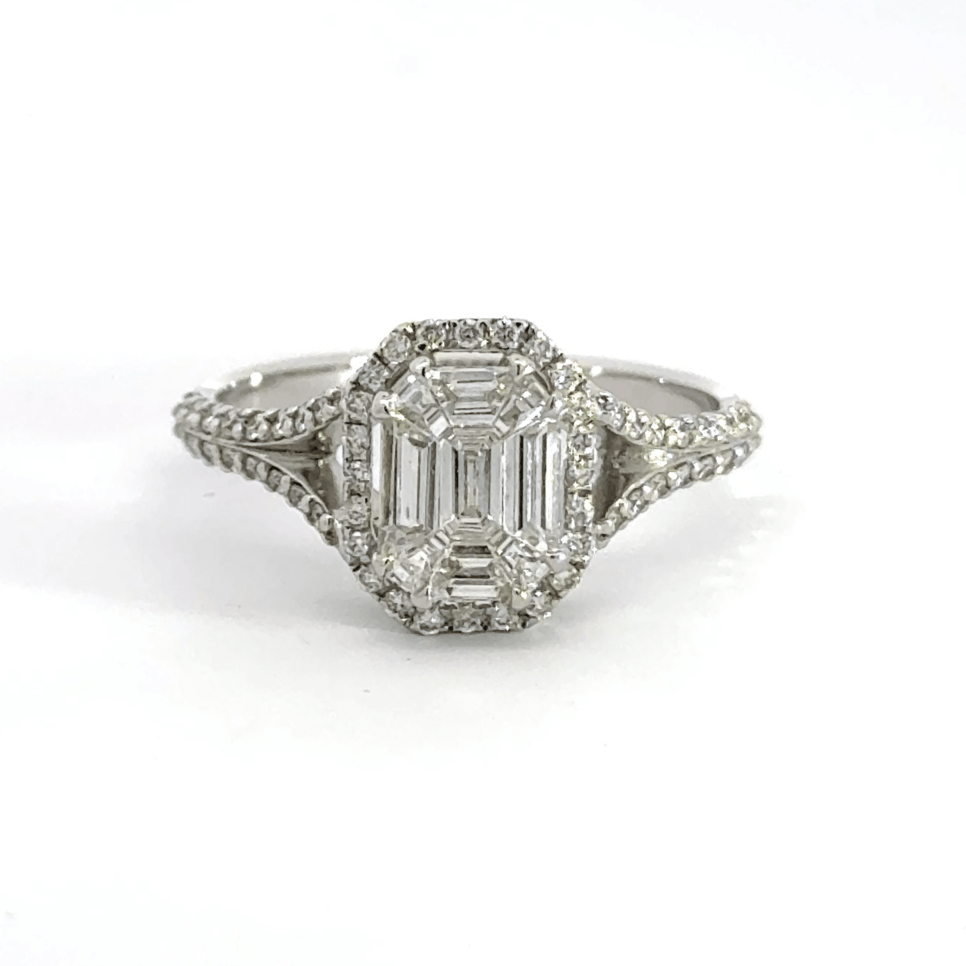 18CT White Gold Baguette Halo Brilliant Round Cut Diamond Shoulder Ring Aces Jewellers