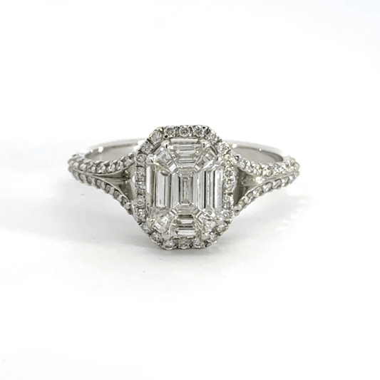 18CT White Gold Baguette Halo Brilliant Round Cut Diamond Shoulder Ring Aces Jewellers