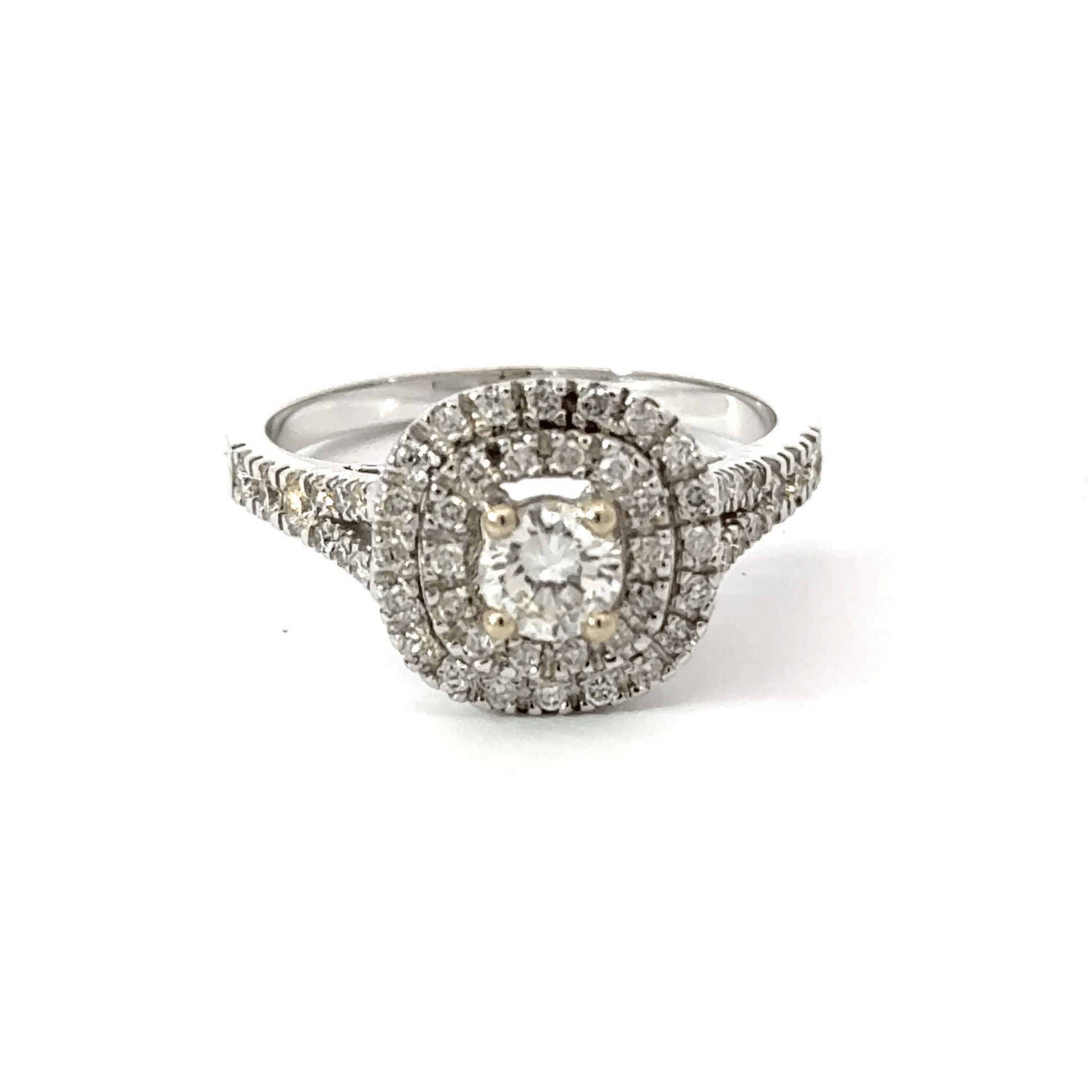 18CT White Gold Square Halo Claw Set Diamond Split Shoulders Aces Jewellers
