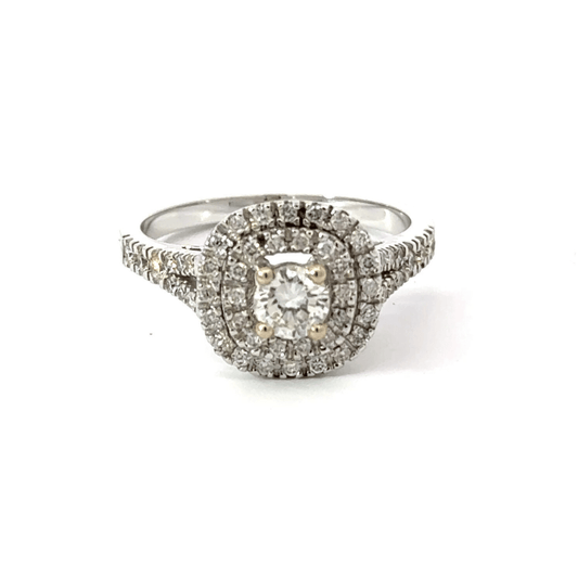 18CT White Gold Square Halo Claw Set Diamond Split Shoulders Aces Jewellers