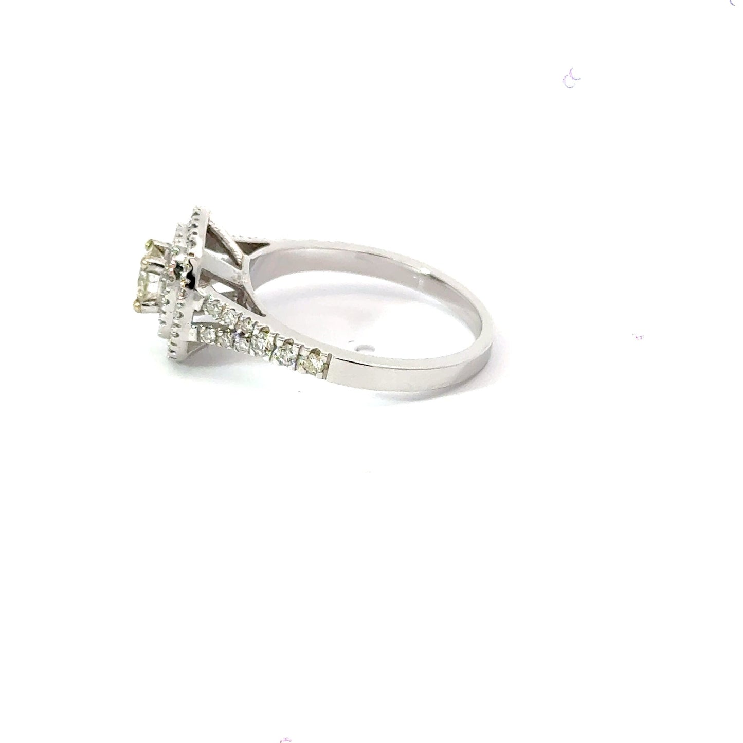 18CT White Gold Square Halo Claw Set Diamond Split Shoulders Aces Jewellers