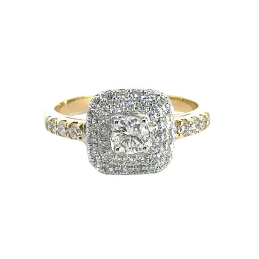 18CT Yellow Gold Square Diamond Double Halo Ring Aces Jewellers