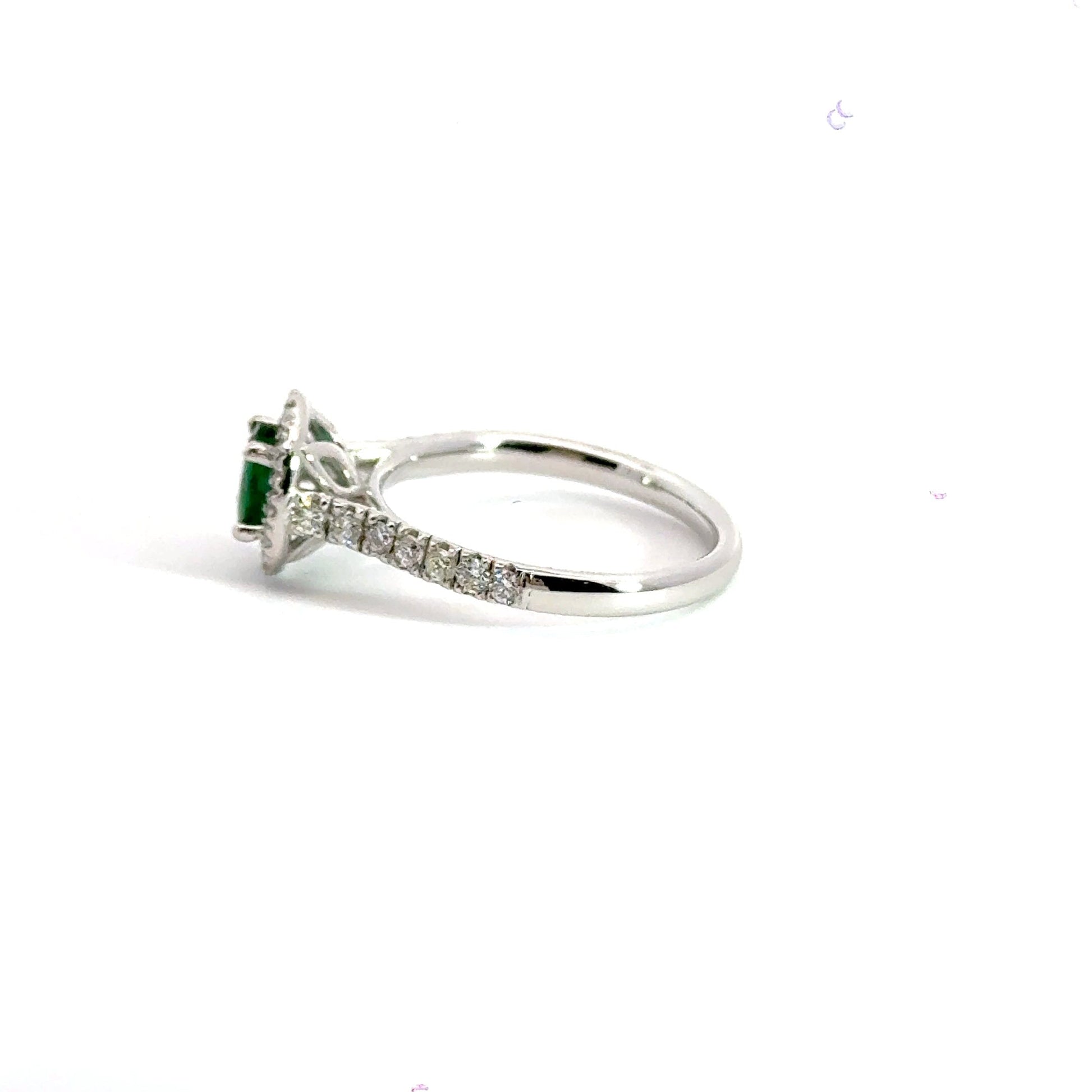 Platinum Columbian Emerald Diamond Halo Ring Aces Jewellers