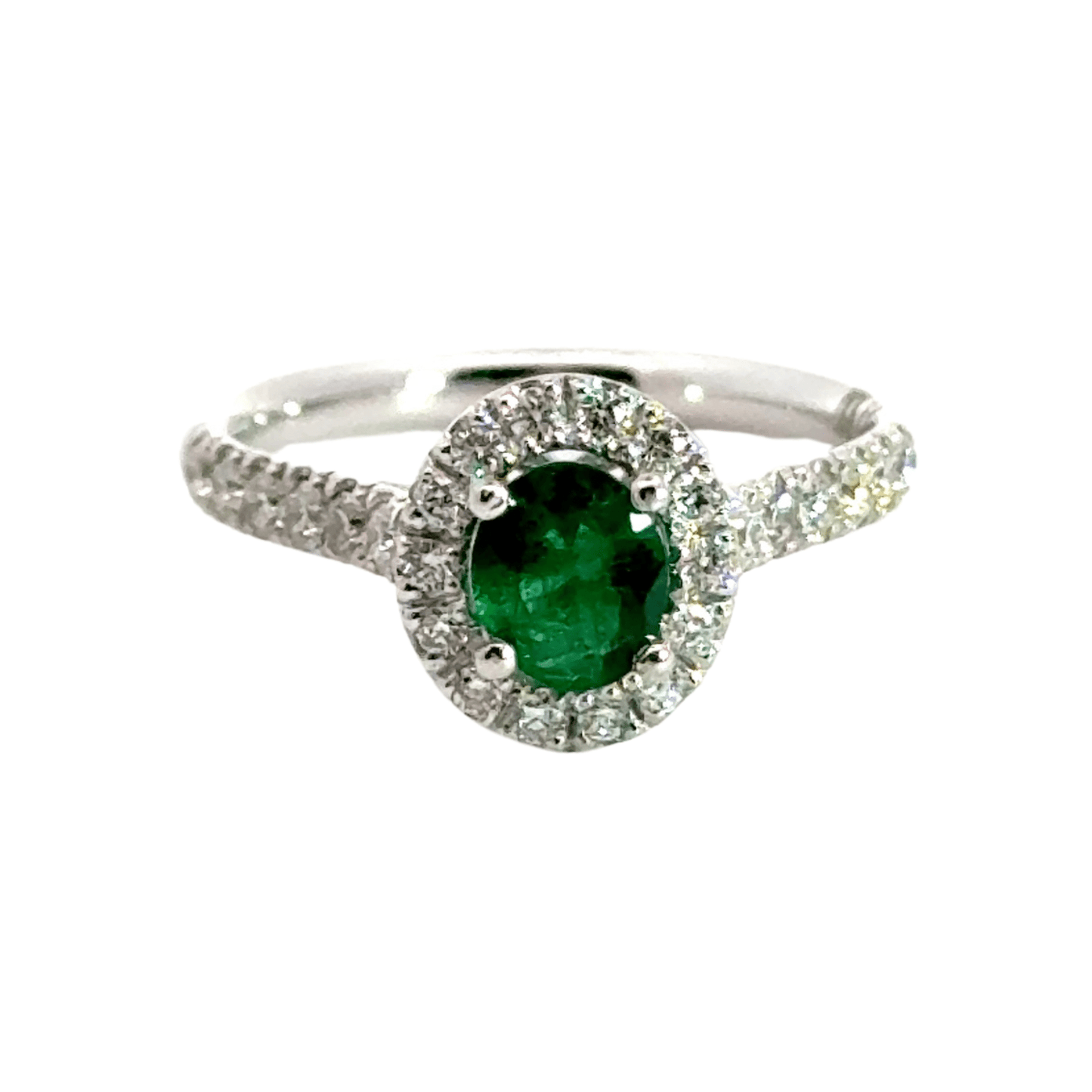 Platinum Columbian Emerald Diamond Halo Ring Aces Jewellers