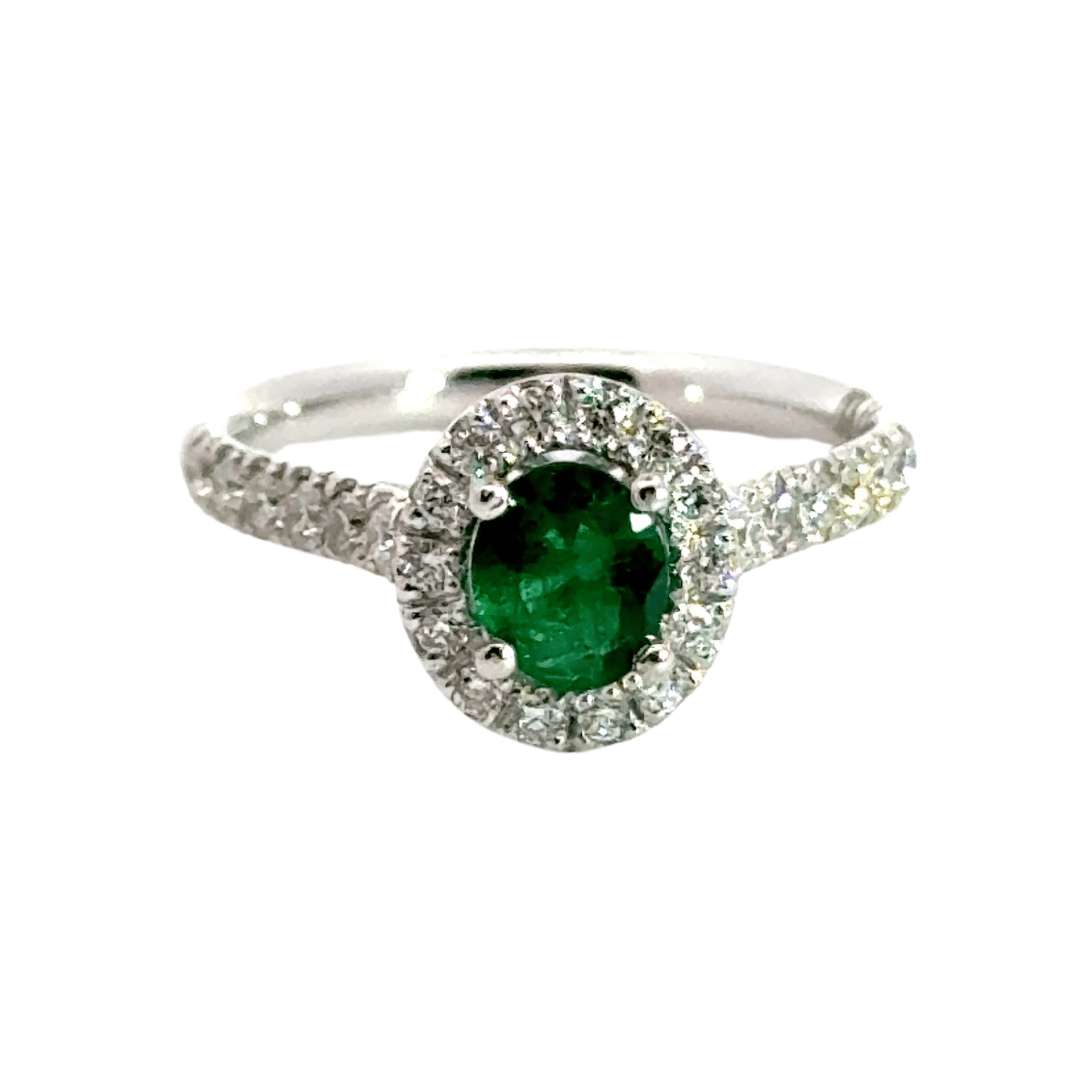 Platinum Columbian Emerald Diamond Halo Ring Aces Jewellers