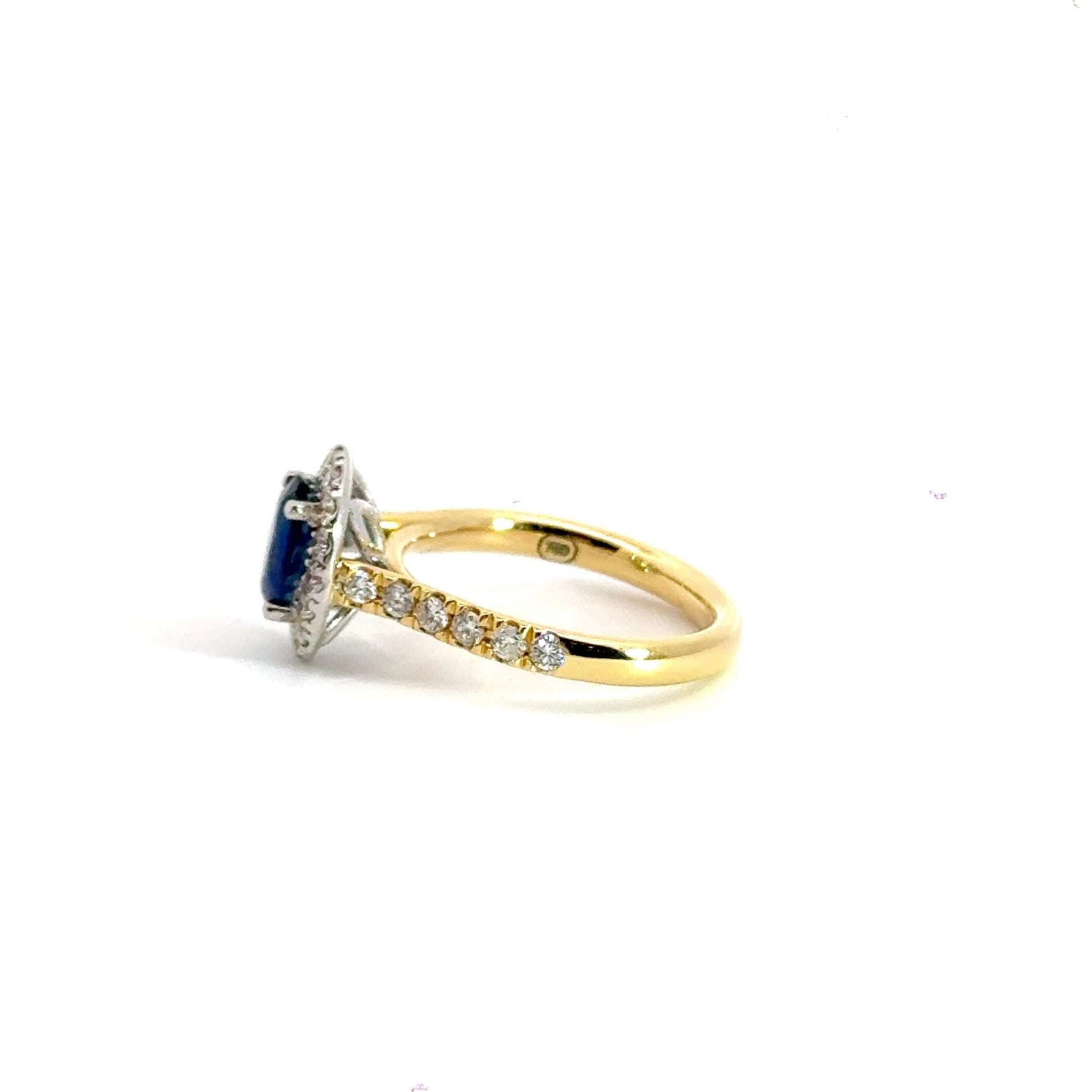 18CT Yellow Gold Sapphire Diamond Halo Ring Aces Jewellers