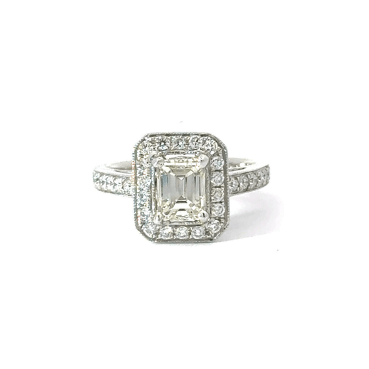 18ct White Gold Emerald Cut Halo Diamond Ring Aces Jewellers