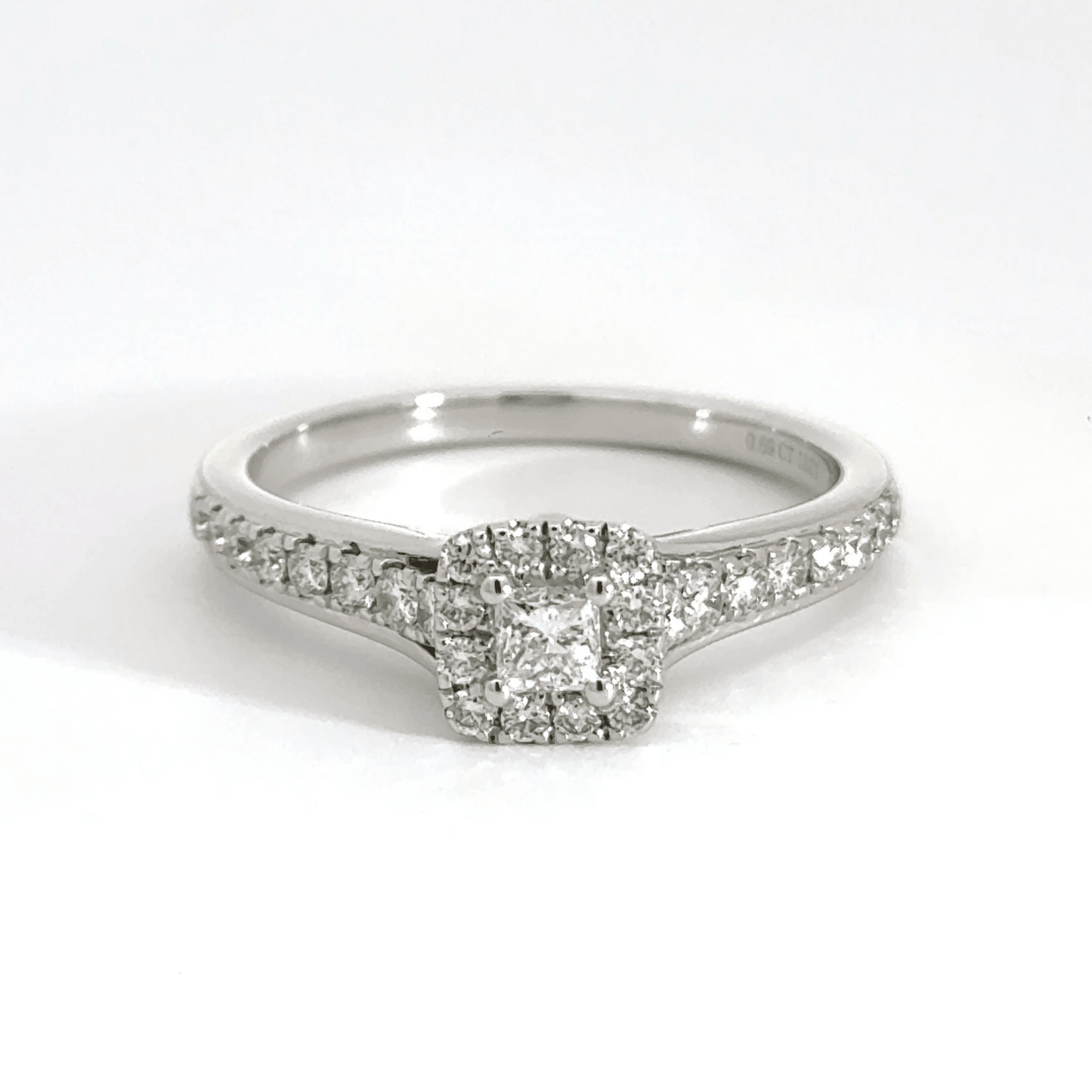 18CT White Gold Square Halo Diamond Shoulder Ring Aces Jewellers