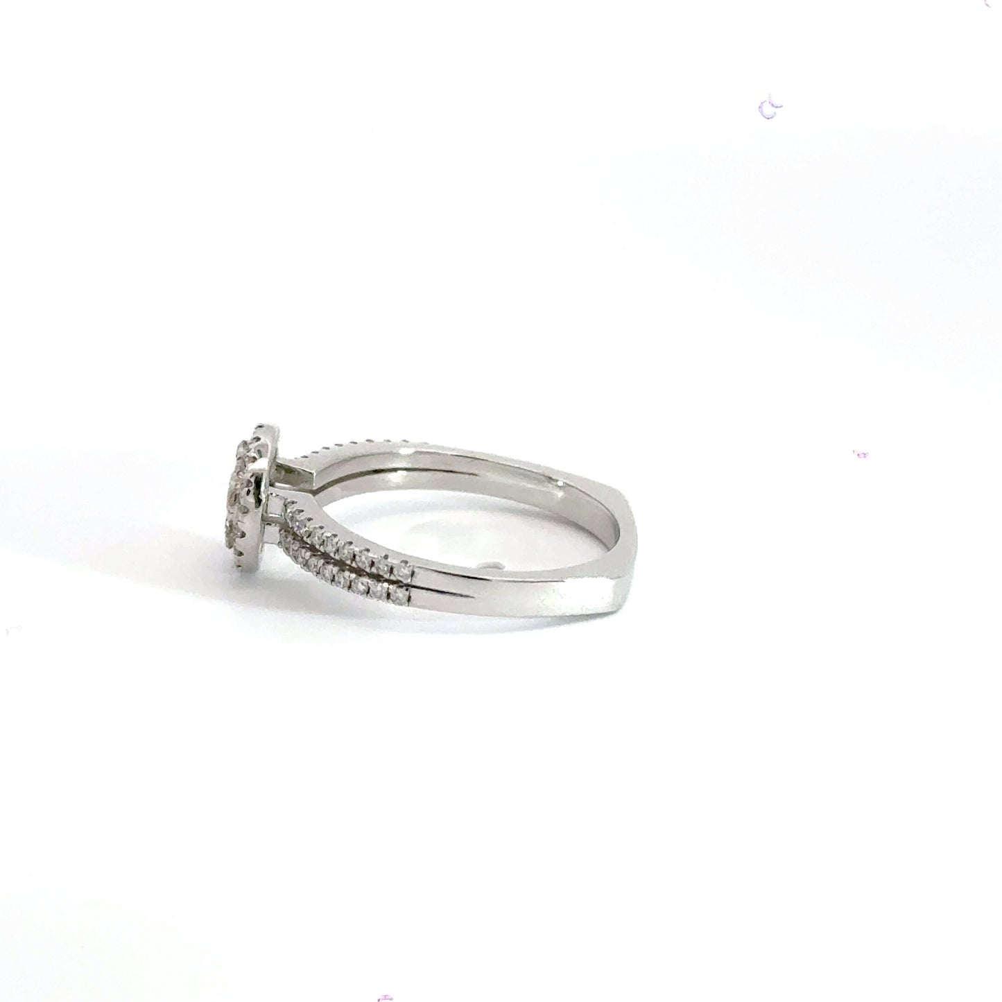 18CT White Gold Diamond Round Halo Split Shoulders Ring Aces Jewellers