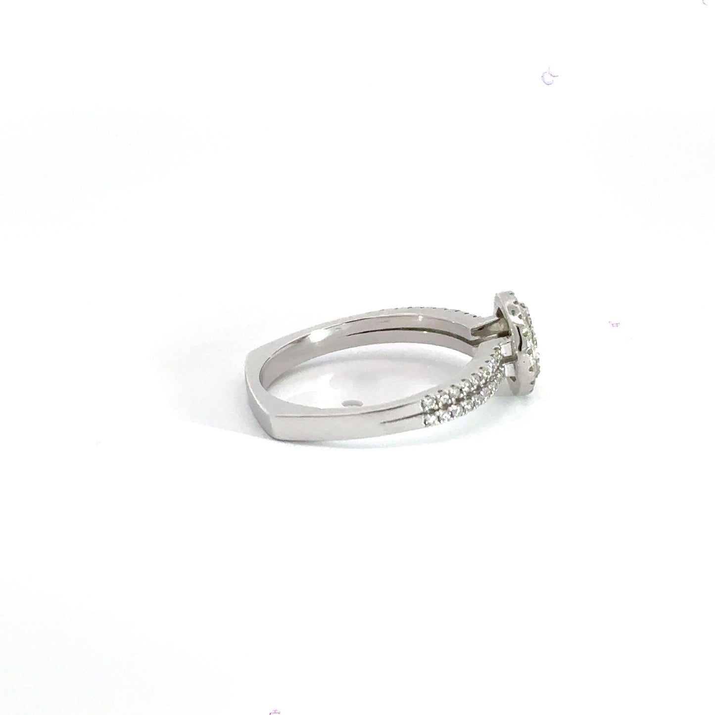 18CT White Gold Diamond Round Halo Split Shoulders Ring Aces Jewellers