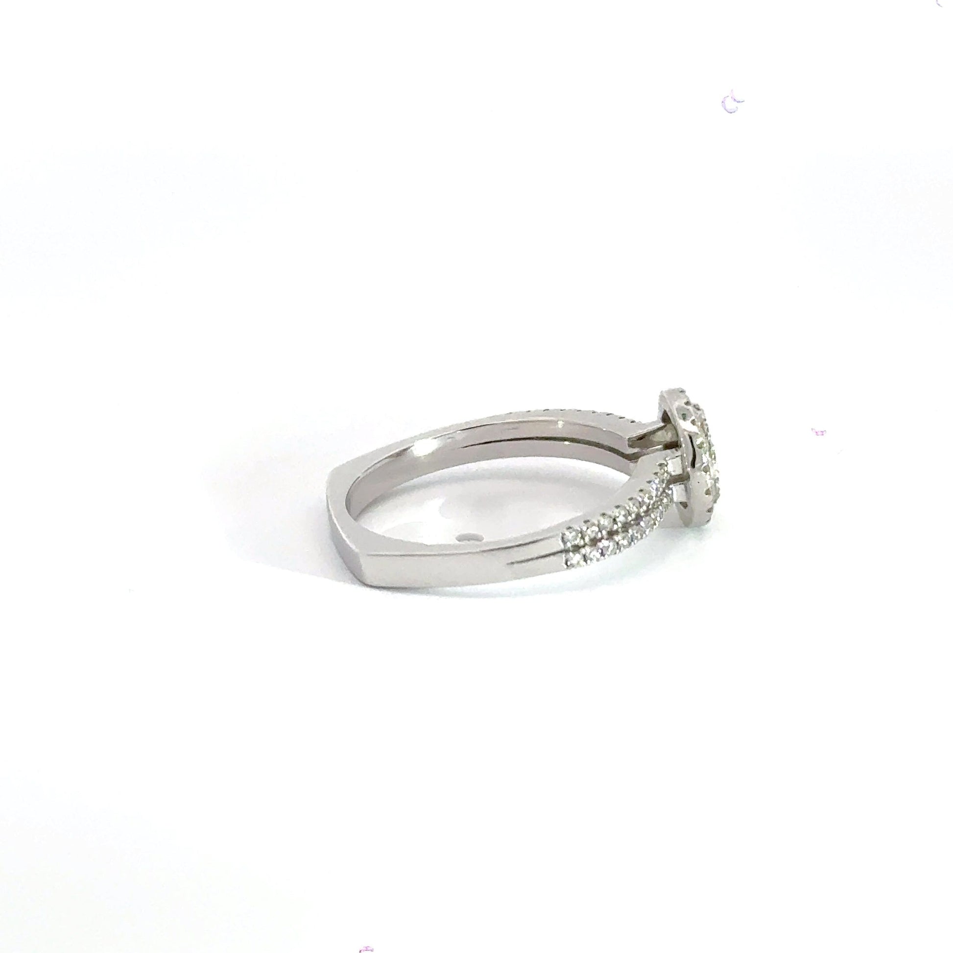 18CT White Gold Diamond Round Halo Split Shoulders Ring Aces Jewellers