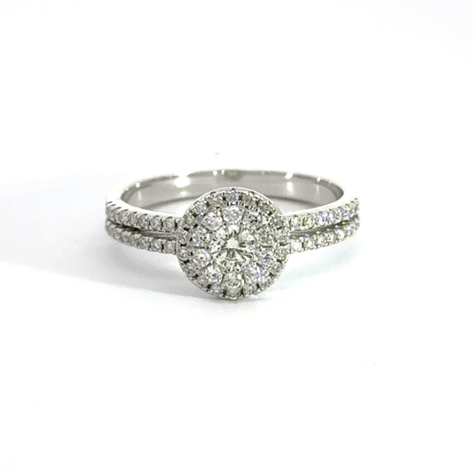 18CT White Gold Diamond Round Halo Split Shoulders Ring Aces Jewellers
