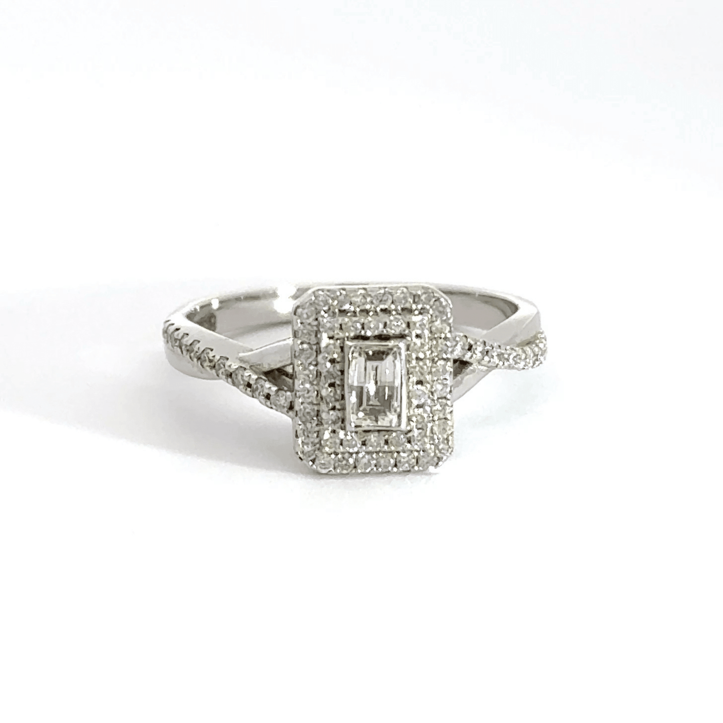 18CT White Gold Baguette Centre Halo Diamond Ring Aces Jewellers