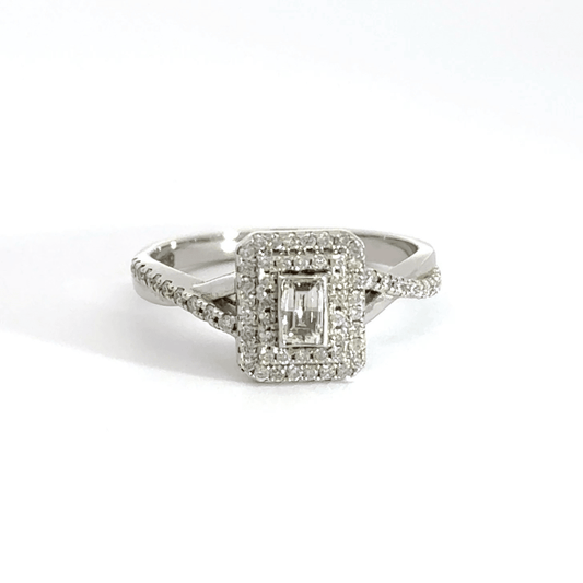 18CT White Gold Baguette Centre Halo Diamond Ring Aces Jewellers