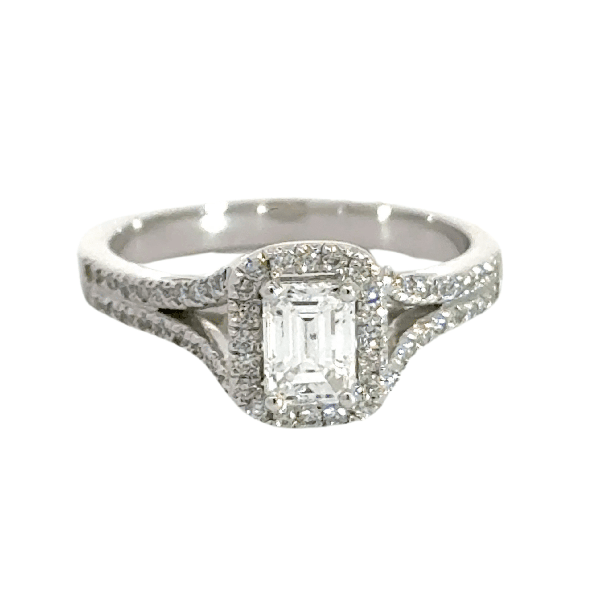 Platinum Halo Emerald Cut Diamond Ring Aces Jewellers