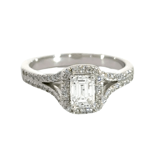 Platinum Halo Emerald Cut Diamond Ring Aces Jewellers