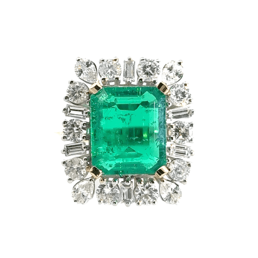 18CT Yellow Gold 5.86CT Emerald 4.25CT Diamond Cluster Ring Aces Jewellers