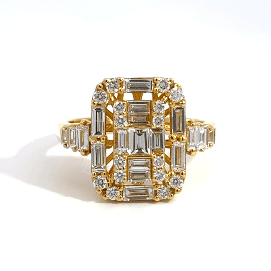 18CT Yellow Gold Cluster Ring Baguette & Round Cut Diamonds Aces Jewellers