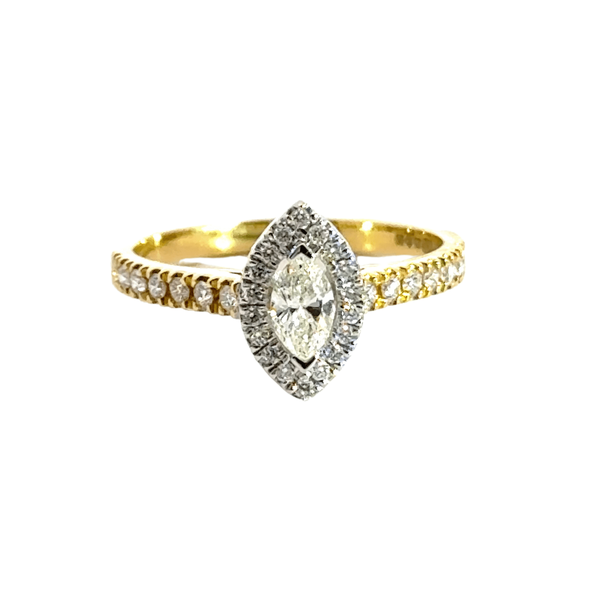 18CT Yellow Gold Marquise Diamond Halo Ring Aces Jewellers