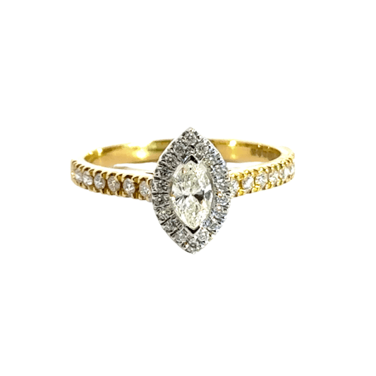 18CT Yellow Gold Marquise Diamond Halo Ring Aces Jewellers