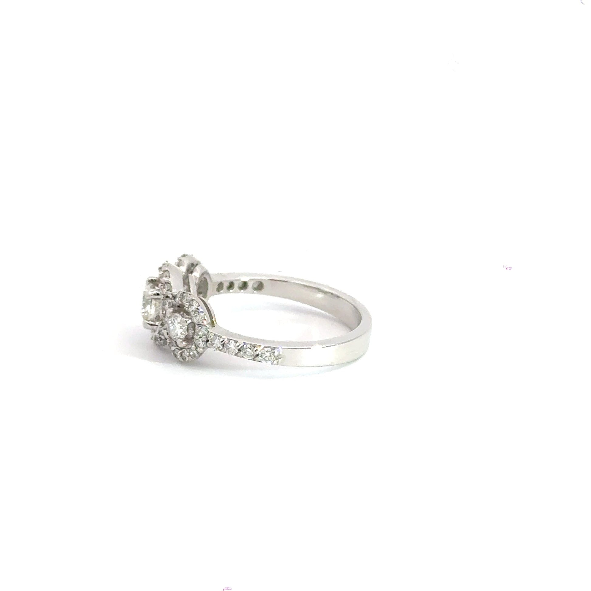 18CT White Gold Trilogy Halo Diamond Ring Aces Jewellers