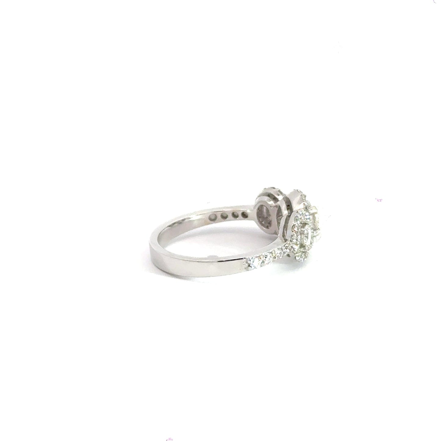 18CT White Gold Trilogy Halo Diamond Ring Aces Jewellers