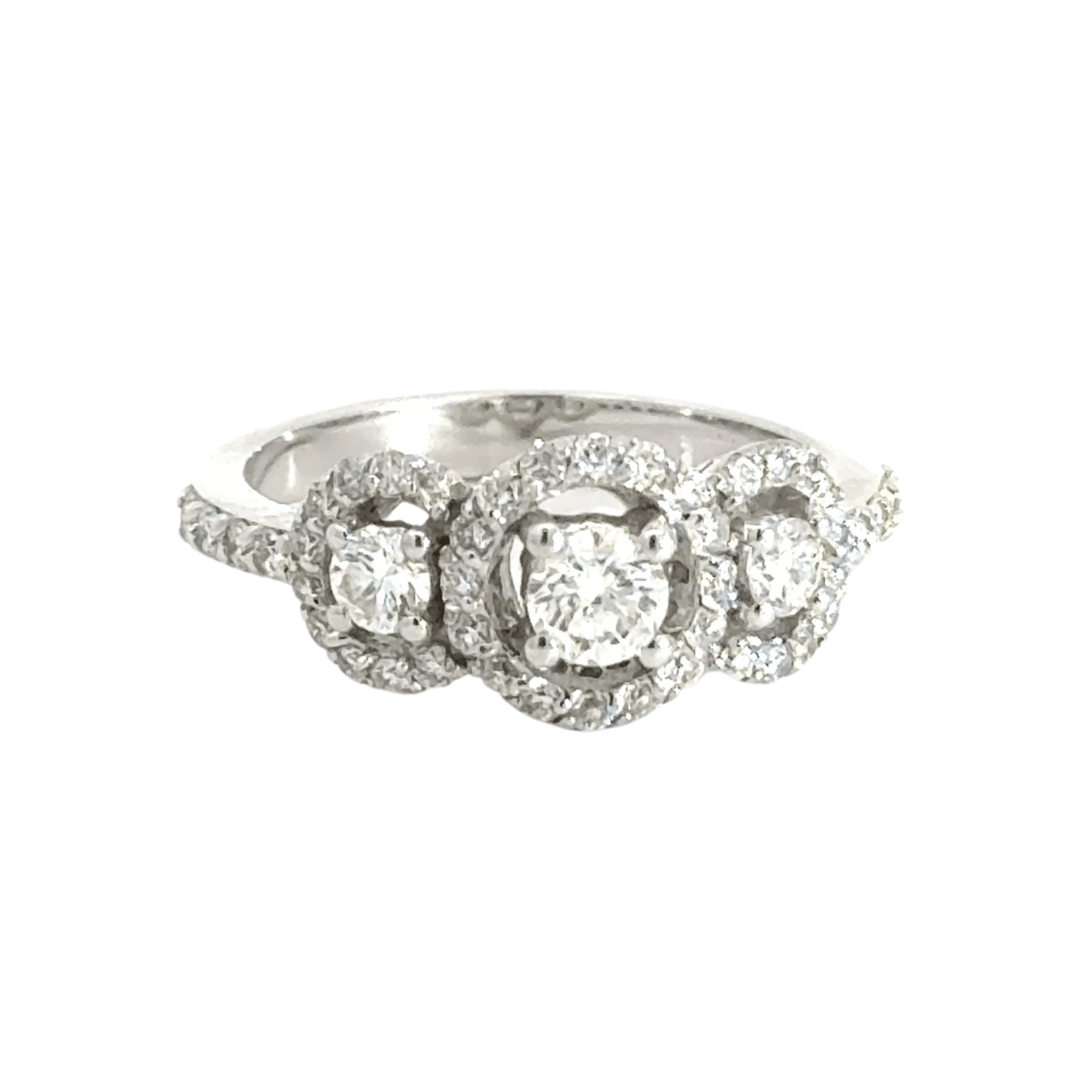 18CT White Gold Trilogy Halo Diamond Ring Aces Jewellers
