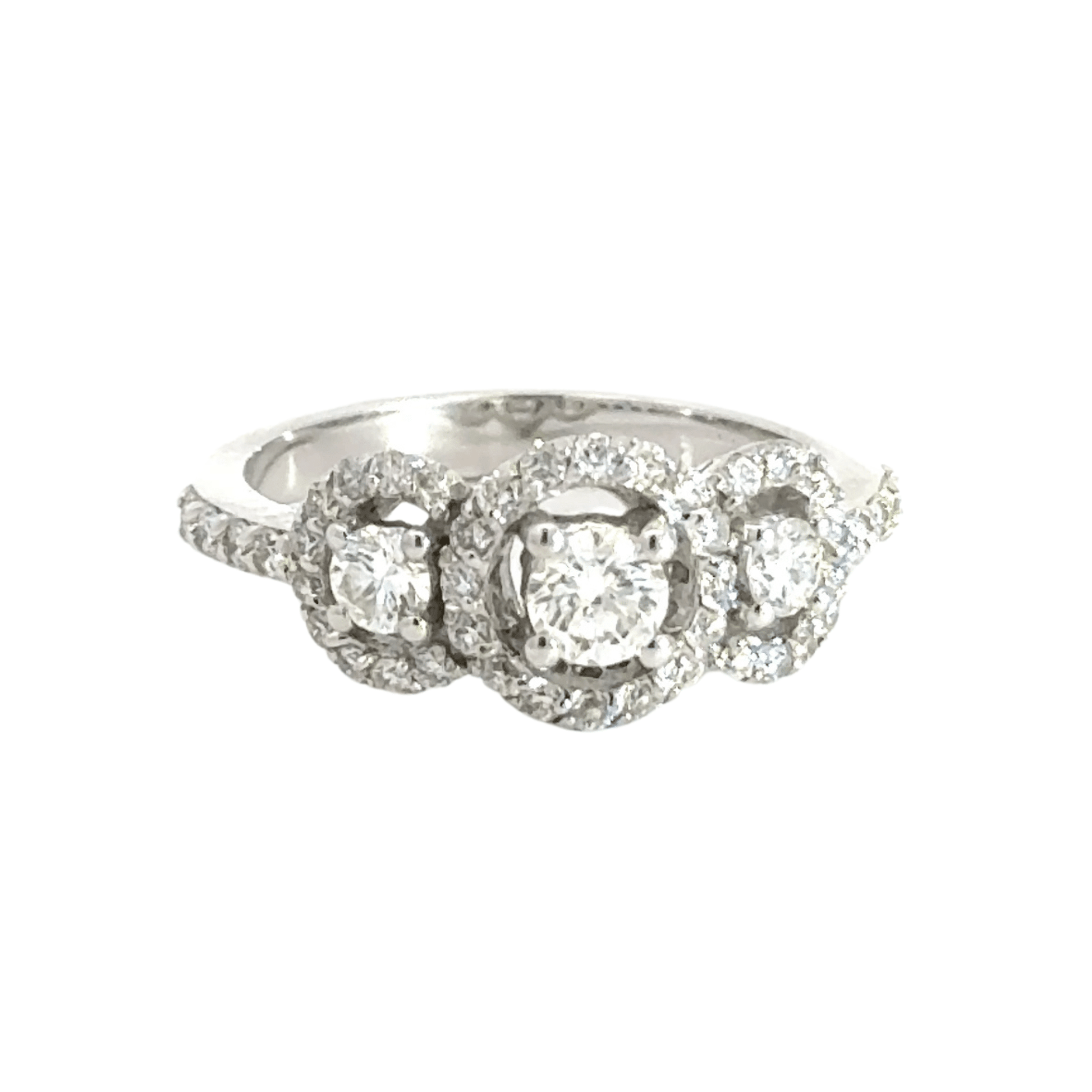 18CT White Gold Trilogy Halo Diamond Ring Aces Jewellers
