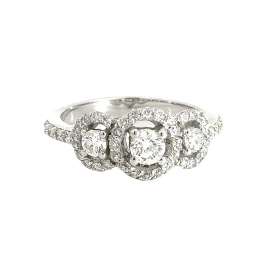 18CT White Gold Trilogy Halo Diamond Ring Aces Jewellers