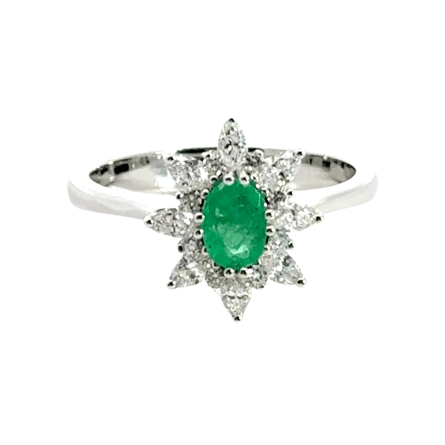 18CT White Gold Cluster Diamond and Emerald Ring Aces Jewellers
