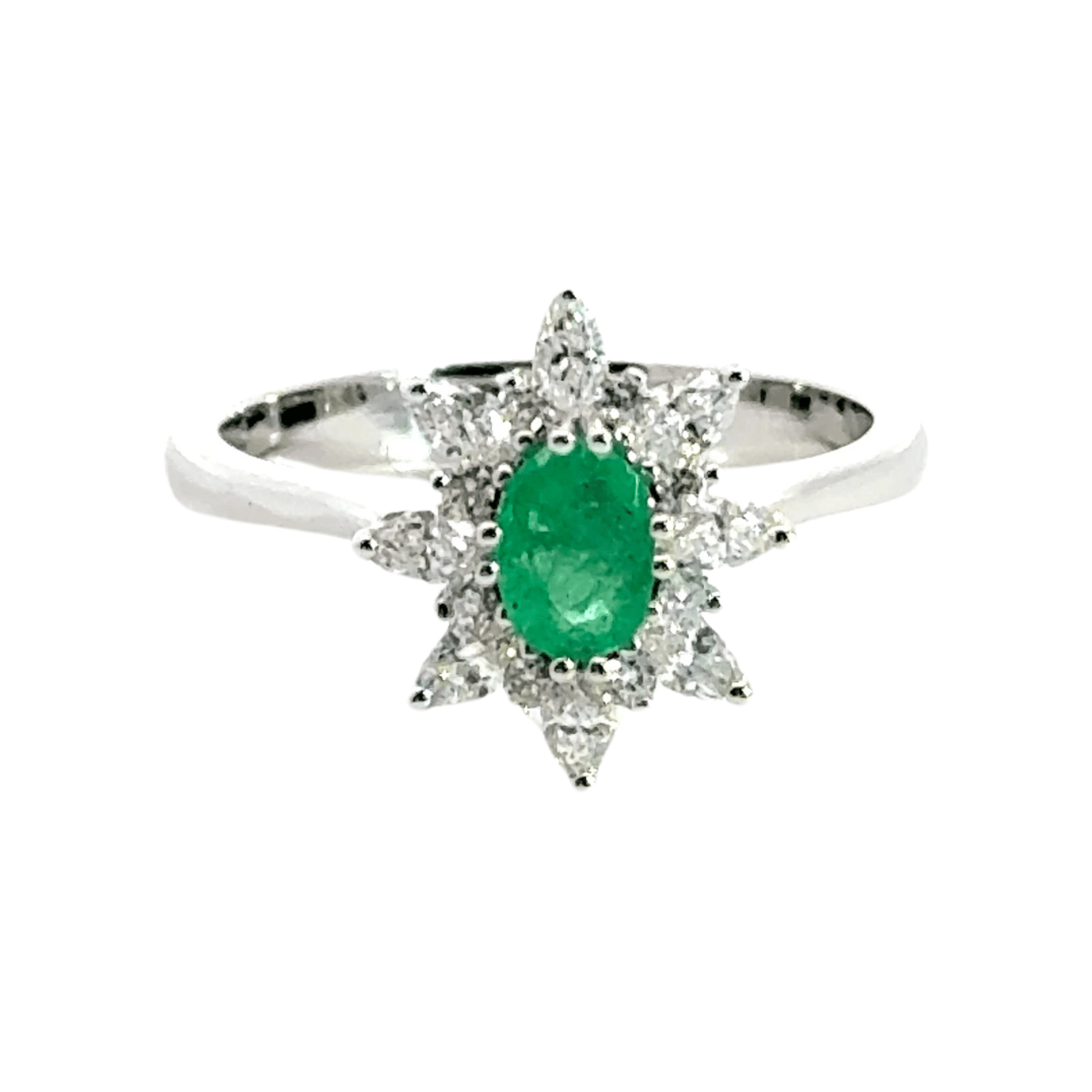 18CT White Gold Cluster Diamond and Emerald Ring Aces Jewellers