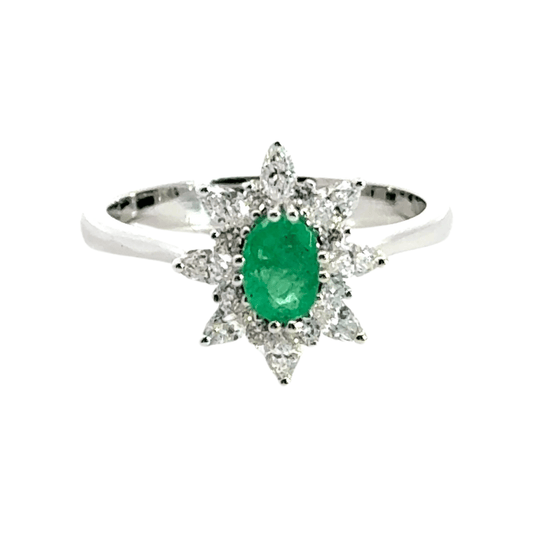 18CT White Gold Cluster Diamond and Emerald Ring Aces Jewellers