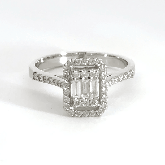 18CT White Gold Baguette Halo Diamond Ring Cluster Aces Jewellers