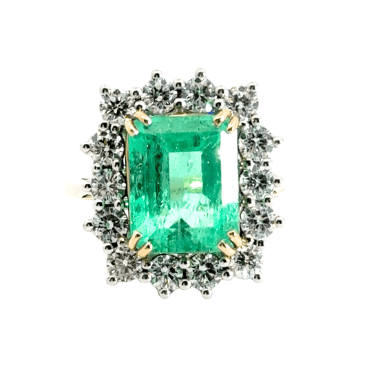 18CT Yellow Gold 5.05CT Columbian Emerald Ring & 2.00CT Diamonds Cluster Aces Jewellers