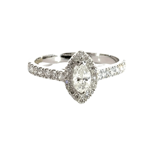 18CT White Gold Marquise Diamond Halo Ring Aces Jewellers