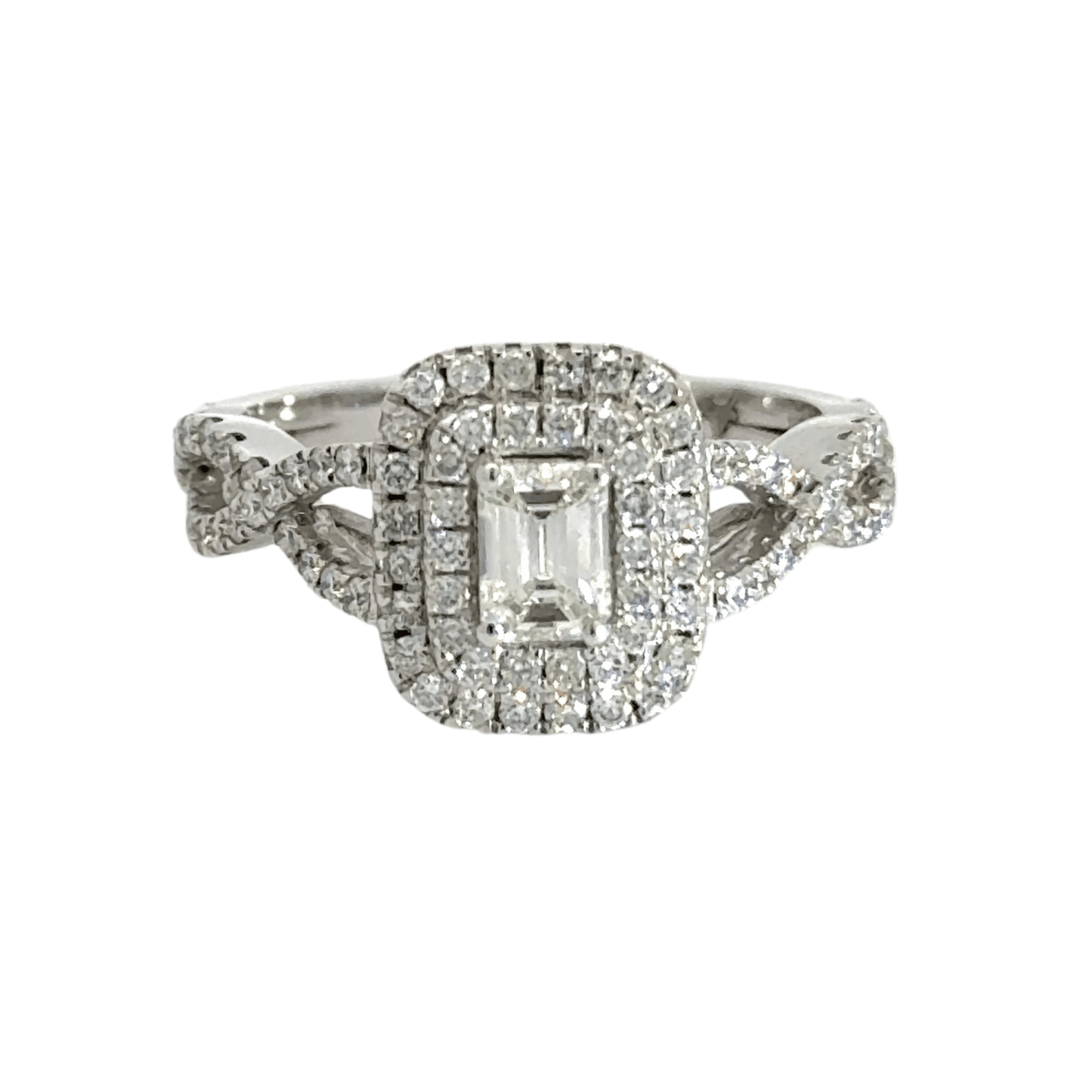 Platinum Rectangle Halo Baguette Diamond Twist Cluster Ring Aces Jewellers
