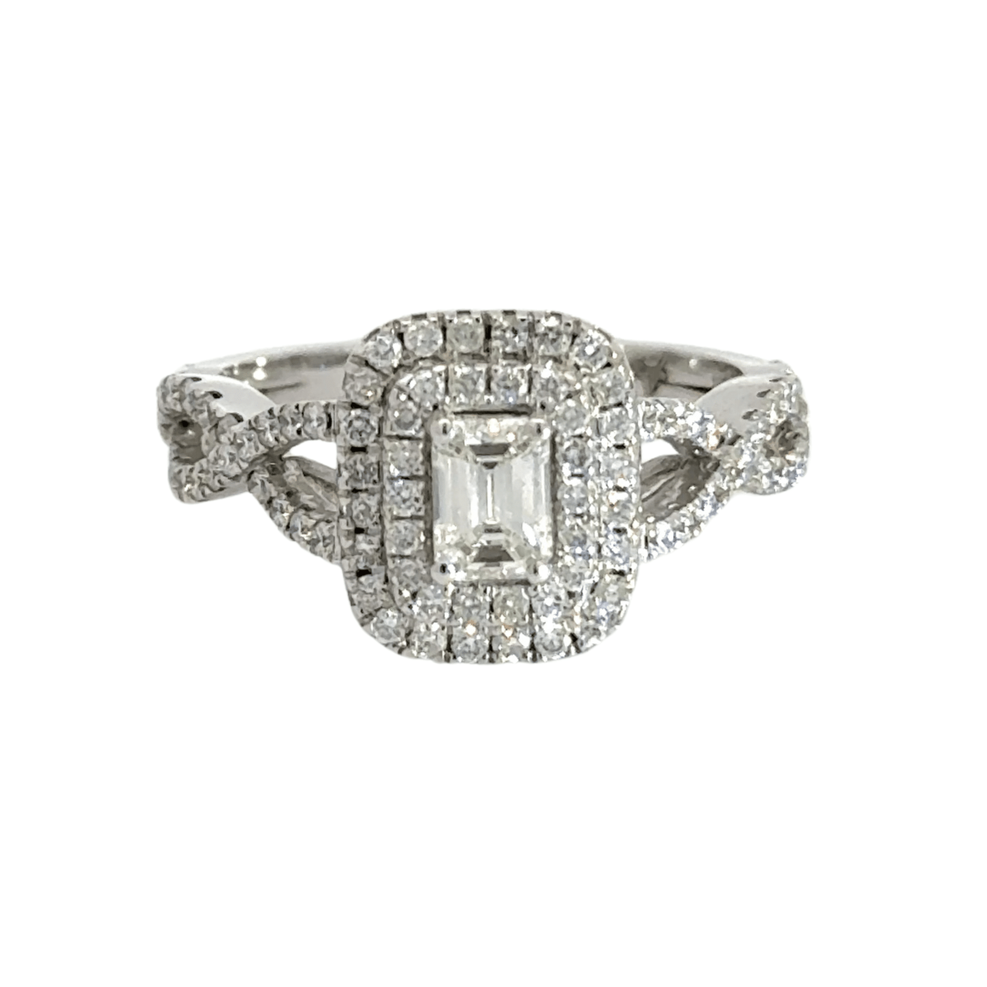 Platinum Rectangle Halo Baguette Diamond Twist Cluster Ring Aces Jewellers