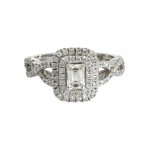 Platinum Rectangle Halo Baguette Diamond Twist Cluster Ring Aces Jewellers