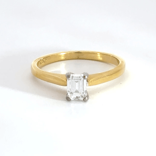 18CT Yellow Gold Solitaire Emerald Cut Diamond Ring Aces Jewellers
