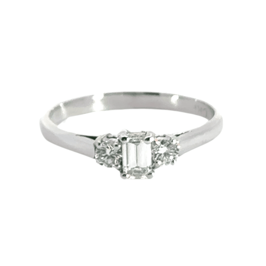 Platinum 3 Stone Trilogy Emerald Cut Diamond Ring Aces Jewellers